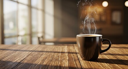 Steaming cup of espresso on rustic wooden table.