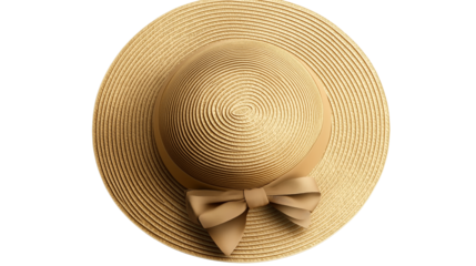 Straw sun hat with decorative ribbon, realistic shadowless top view, isolated on white, PNG format