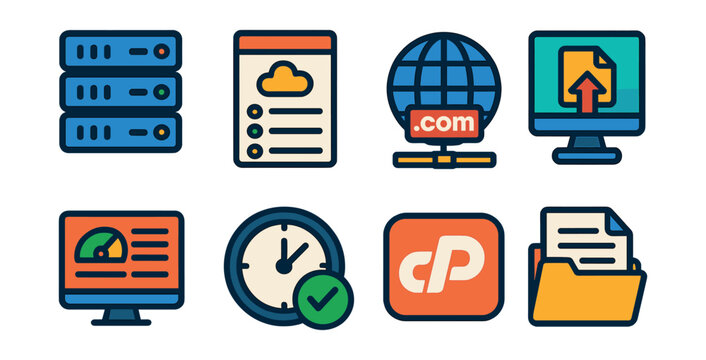 Set of server, document, internet, upload, dashboard, clock, cPanel, folder, files.