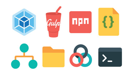 Set of icons: cube, cup, red square, file, hierarchy, folder, rings, terminal.