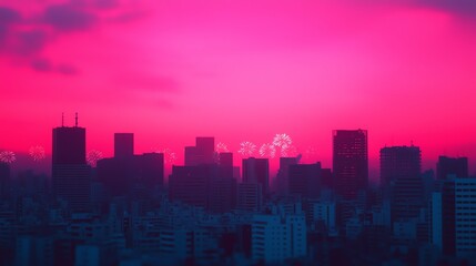 Fototapeta premium City skyline at sunset with vibrant pink sky.