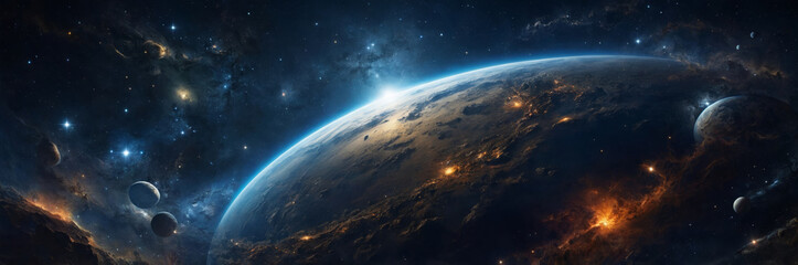 Obraz premium The breathtaking view of a planet in the vast cosmos, showcasing stars and nebulae.