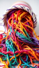 Colorful yarn overflowing from a bobbin, tangled threads, crochet, knitting supplies, yarn, hobby, craft