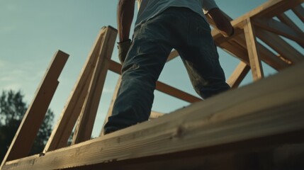 Carpenter assembling wooden frame for a house. Featuring precision and teamwork