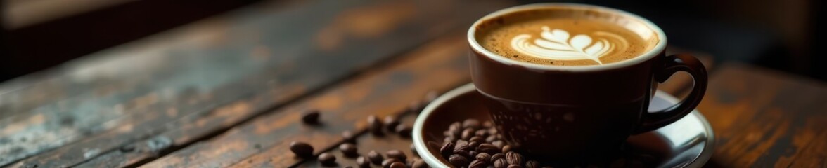 Dark roasted coffee, rich crema, rustic cafe setting, aroma, coffee bean