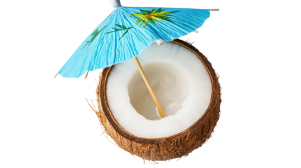 Coconut half with straw and cocktail umbrella, tropical drink, top view on white background, PNG