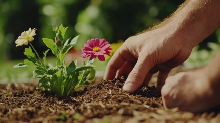 Landscaping worker planting flowers in a public park garden. Featuring care and green thumb