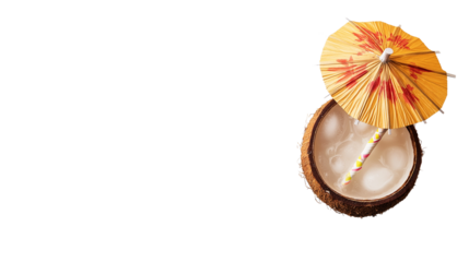 Coconut half with straw and cocktail umbrella, tropical drink, top view on white background, PNG