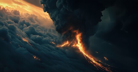 Une scène saisissante d'un volcan en éruption, lave coulante, fumée et cendres s'élevant dans un ciel sombre et nuageux créant une impression de danger et d'immensité.
