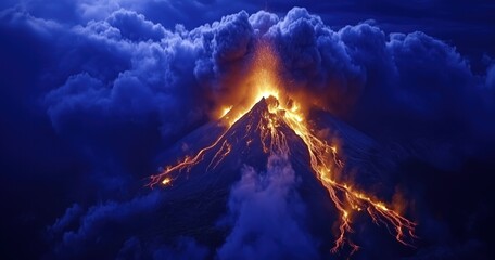 Un volcan en éruption avec de la lave s'écoulant sur ses flancs et de la fumée s'élevant dans le ciel, vue aérienne, faible luminosité, créant une impression d'intensité et de danger.