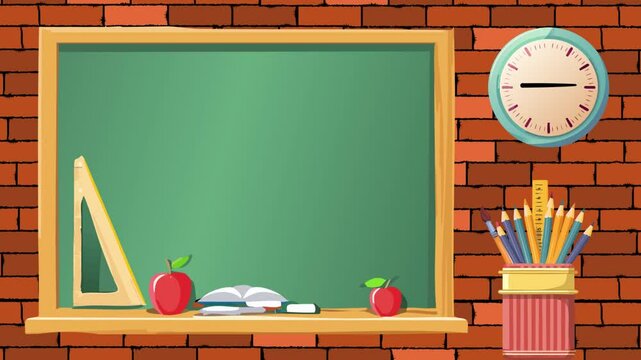 Dynamic video animation promotion, welcome Back to school concept blackboard with school staff, backpack, pencils, books - Powered by Adobe