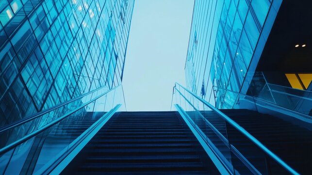 Modern stairs lead towards a bright sky framed by towering glass buildings in an urban setting