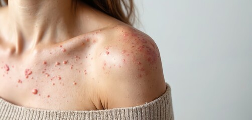 Close-up of woman shoulder with monkeypox skin lesions. Erythema, pustules, boils visible. Dermatological health issue, skin disease. Concept of contagious viral infection. Woman body shows symptoms