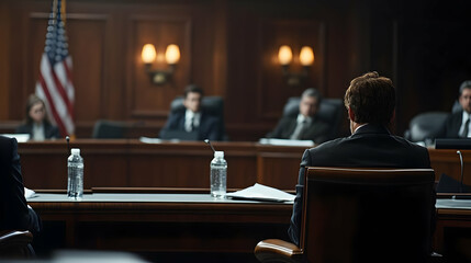 Naklejka premium Government Officials In Business Suits During A Formal Meeting In A Wood Panelled Room With American Flag