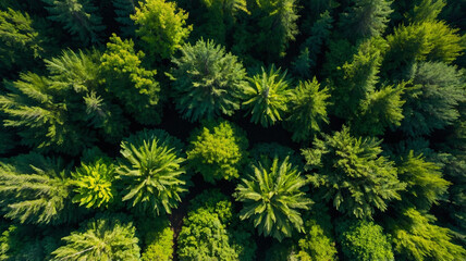 Fototapeta premium A lush aerial view of a vibrant evergreen forest, showcasing the rich tapestry of nature's green canopy from above, sunlight dappling through the leaves.