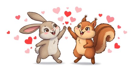 Cute bunny and squirrel high-fiving joyfully with hearts floating around them. The adorable cartoon animals express friendship and happiness in a colorful, heartwarming illustration.