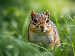 Obraz premium A curious chipmunk in lush green grass gazes directly at the camera with wide eyes.