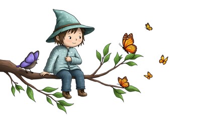 **Description (200 characters in English):**  
A young boy wearing a wizard hat sits peacefully on a tree branch, surrounded by fluttering butterflies and a bird with purple wings. A magical and whims