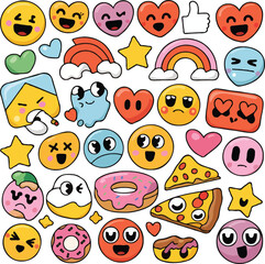 Collection of Cute and Colorful Emoji, Stickers, and Kawaii Vector Illustrations