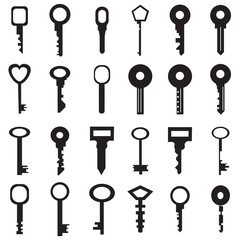 Key icon symbol flat and line style set. Door or house key to unlock lock collection. Security system concept represented by outline and silhouette key sign group