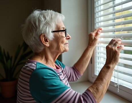 Senior woman in glasses opens window blind. Elderly female looks outside, day. Thoughtful retirement home interior concept. Mature lady opens shutters, enjoying daylight.