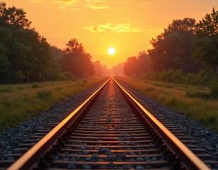Obraz premium Sunset view over railway tracks. Sun sets behind the distant train tracks. Golden sunlight illuminates rails, creating silhouettes of trees. Peaceful journey into the horizon on the rails.
