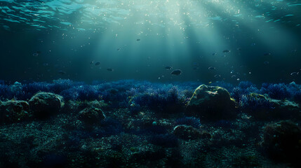 Fototapeta premium Dark Blue Ocean Floor With Coral Reef And School Of Fish Illuminated By Sunlight Beams In Deep Sea