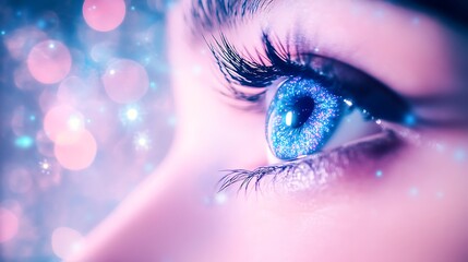 Close-up of a captivating blue eye gazing into the light.