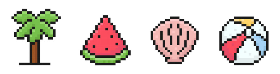 summer beach pixel set of icons, vintage, 8 bit, 80s, 90s games, computer arcade game items, palm tree, watermelon, seashell, beach ball, vector illustration