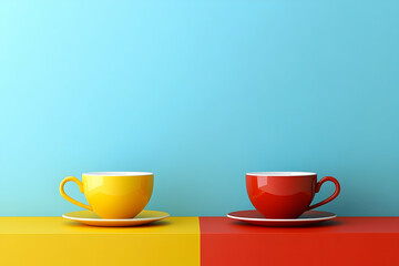 Two vibrant colored coffee cups on contrasting surfaces.