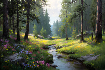 Fototapeta premium A beautiful forest clearing with soft sunlight filtering through the trees, a gentle stream flowing, and colorful wildflowers blooming