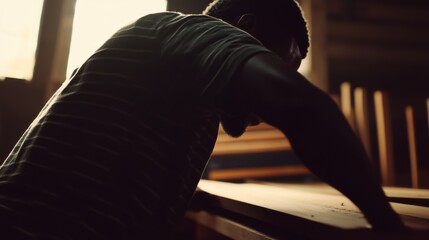 Carpenter cutting wood for custom furniture. Featuring craftsmanship and attention to detail