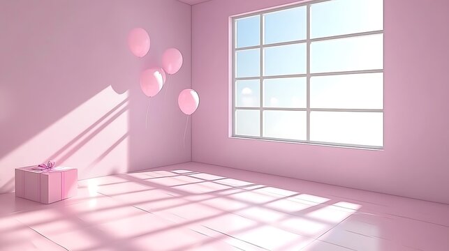 Pastel pink room with balloons and sunlight.