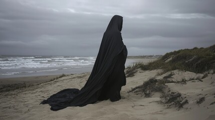 Figure in black cloak stands on sandy beach with ocean waves at dusk under cloudy sky