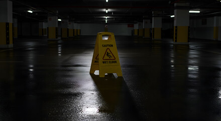 Fototapeta premium Cautionary Notification Of A Hazard Wet Floor Sign In Empty Parking