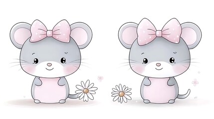 Two cute cartoon mice with bows and flowers.