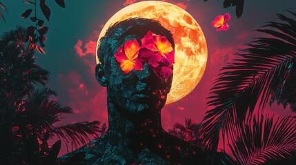 Obraz premium Portrait of a person with floral patterns and glowing moon in a surreal jungle setting at night