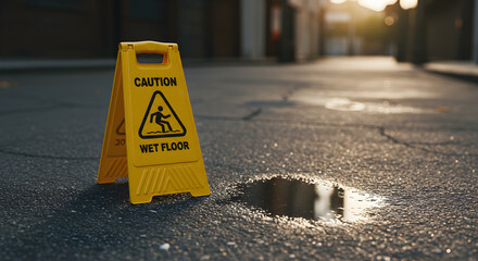 Bright Wet Floor Caution Sign With Water Puddle on Paved Road
