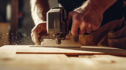 Carpenter cutting wood planks with a jigsaw. Featuring precision and power tools