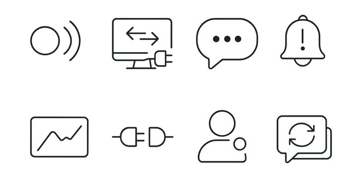Line vector icons of realtime apps: live icon, WebSocket stream, chat bubble, push alert, realtime chart, socket connection, user status, message sync.