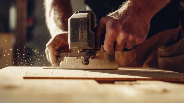 Carpenter cutting wood planks with a jigsaw. Featuring precision and power tools