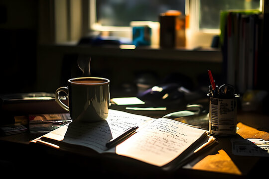 Warm coffee and notes in a sunlit study space.