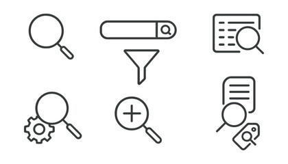 Line vector icons of search: magnifying glass, search bar, filter icon, result list, advanced search, zoom in, search history, tag filter.
