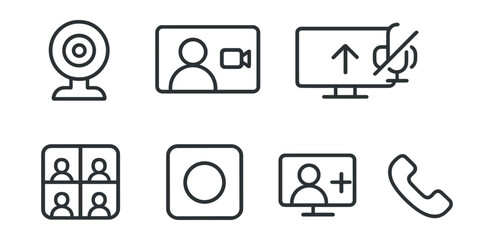Line vector icons of video calls: webcam icon, video window, screen share, mute button, participant grid, recording icon, join meeting, end call.