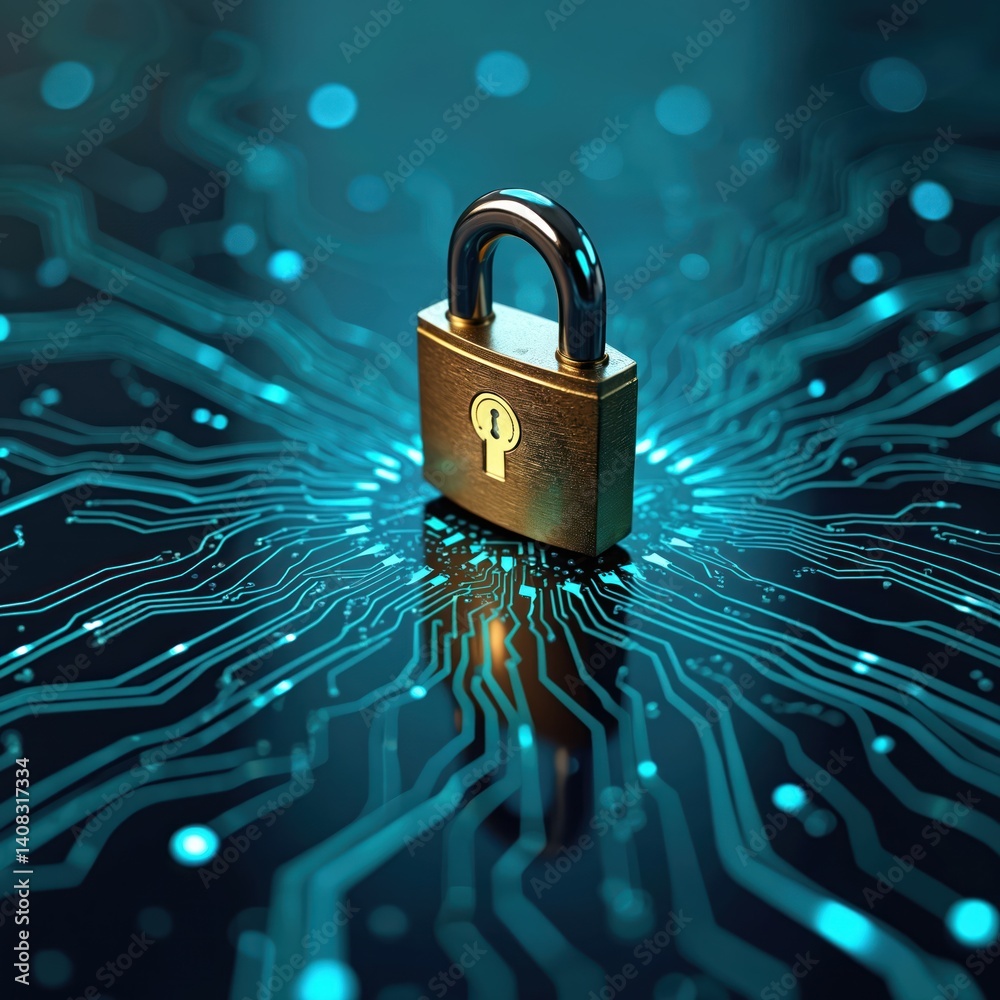 Poster Padlock on circuit board. Secure login protects from cyber attacks. Data protection, internet server network safety. Digital security, information technology, cryptography, data privacy, blockchain
