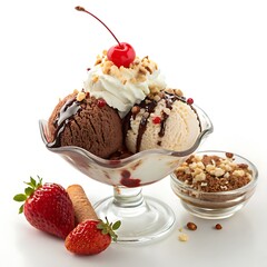 Ice cream sundae with chocolate and vanilla scoops topped with cherry and whipped cream in glass bowl