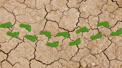 Row of green grass footprint shape symbols, ecology, environment or carbon footprint concept on white background, 3D illustration