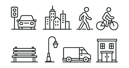 Line vector icons of city life: traffic icon, skyline silhouette, pedestrian walk, bike lane, urban bench, streetlight, delivery van, building front.