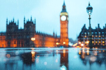 Iconic London landmark blurred by rainy weather.