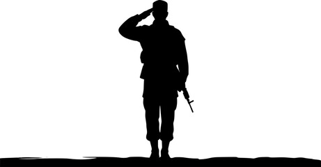 Silhouette of a soldier in uniform saluting, symbolizing military service and patriotism.
